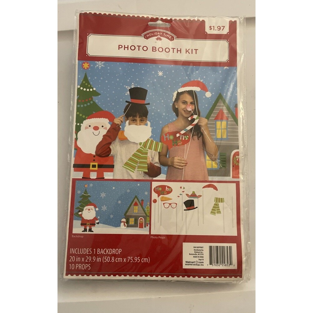 Holiday Time Christmas Photo Booth Props Kit 10 Props 1 Backdrop 20 x 29
